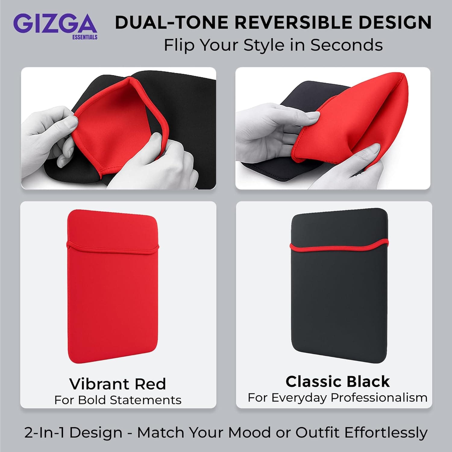 GIZGA Essentials Reversible Neoprene Laptop Sleeve 15.6 Inch